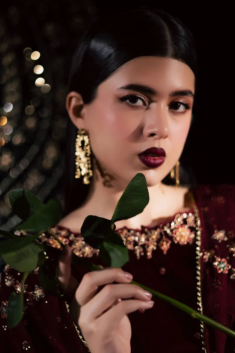 Deep Maroon Velvet & Gold Embroidered Suit | Ready To Wear
