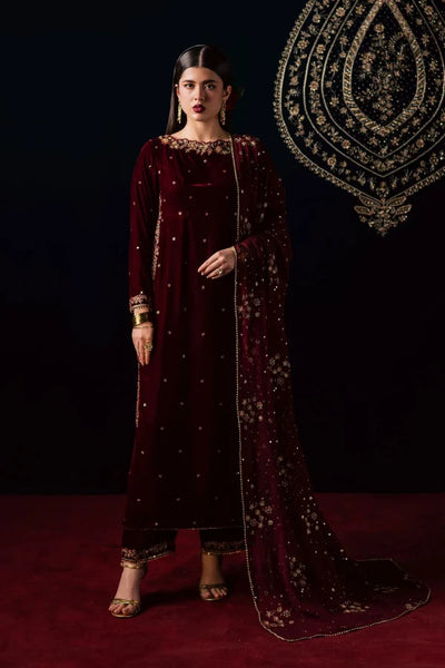 Deep Maroon Velvet & Gold Embroidered Suit | Ready To Wear