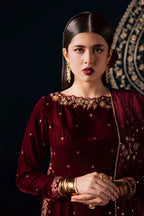 Deep Maroon Velvet & Gold Embroidered Suit | Ready To Wear