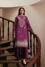 Berry Plum Embroidered Lawn Suit With Soft Lilac Chiffon Dupatta | Ready To Wear