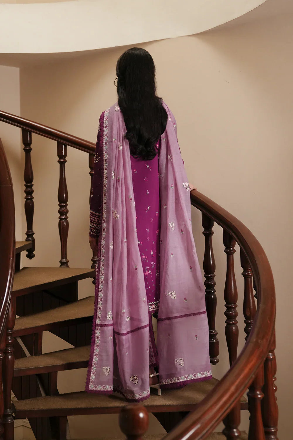 Berry Plum Embroidered Lawn Suit With Soft Lilac Chiffon Dupatta | Ready To Wear