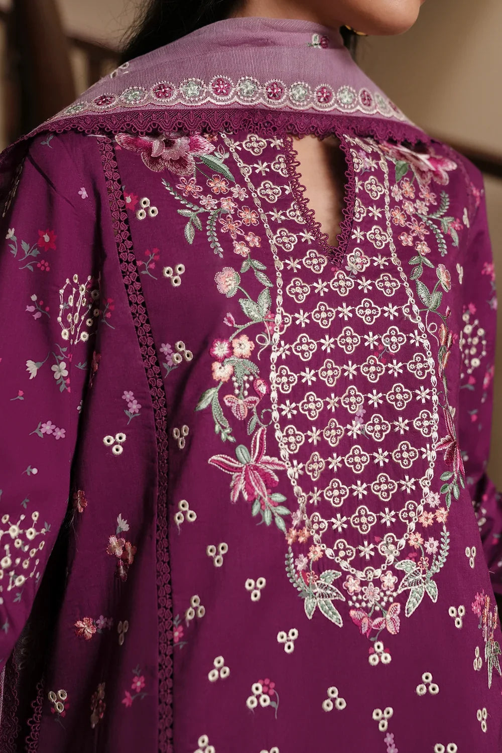 Berry Plum Embroidered Lawn Suit With Soft Lilac Chiffon Dupatta | Ready To Wear