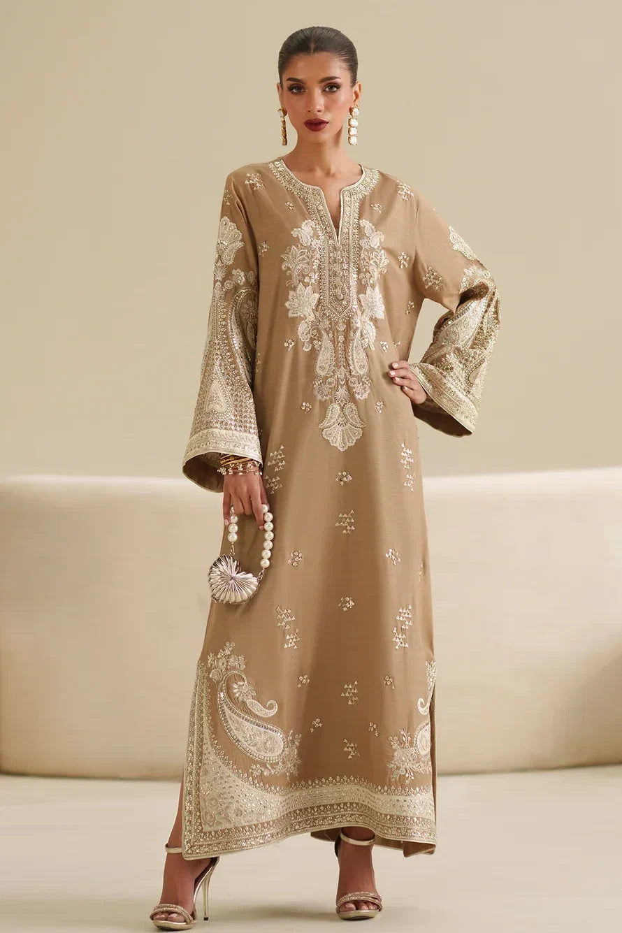 Dune Beige: Embroidered Raw Silk Kaftan | Ready To Wear