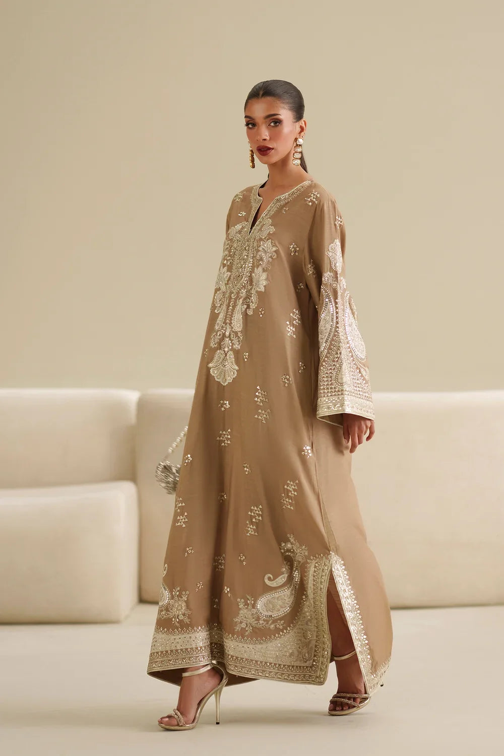 Dune Beige: Embroidered Raw Silk Kaftan | Ready To Wear