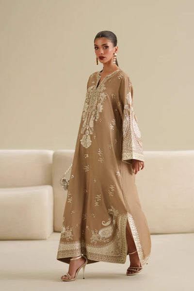 Dune Beige: Embroidered Raw Silk Kaftan | Ready To Wear