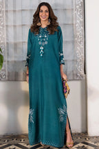 The Teal Lagoon: Silk Embroidered Long Kaftan Kurta | Ready To Wear