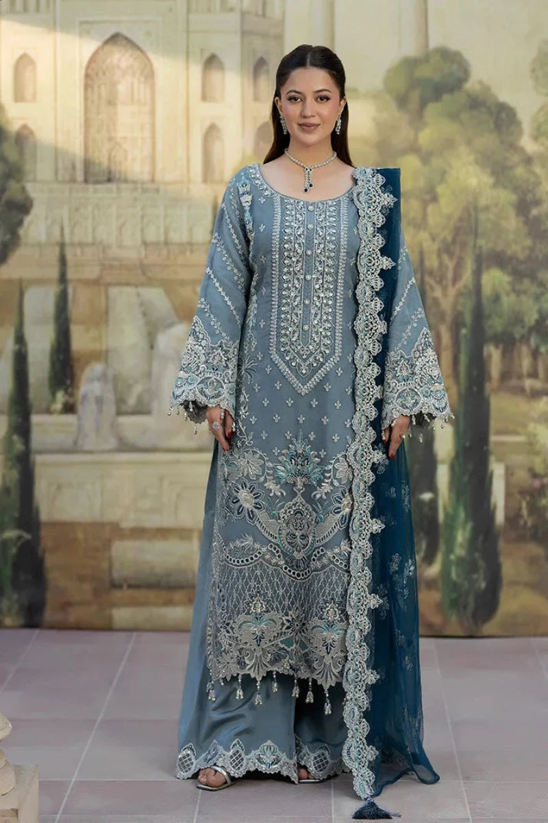 Muted Blue Embroidered Chiffon Suit With Peacock Blue Dupatta | Ready To Wear