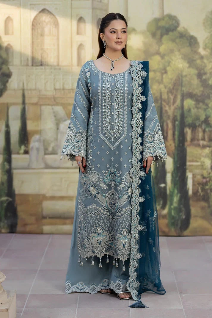 Muted Blue Embroidered Chiffon Suit With Peacock Blue Dupatta | Ready To Wear