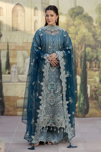 Muted Blue Embroidered Chiffon Suit With Peacock Blue Dupatta | Ready To Wear