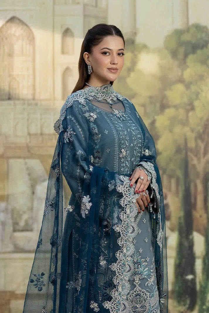 Muted Blue Embroidered Chiffon Suit With Peacock Blue Dupatta | Ready To Wear