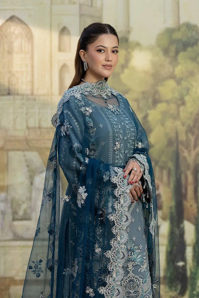 Muted Blue Embroidered Chiffon Suit With Peacock Blue Dupatta | Ready To Wear