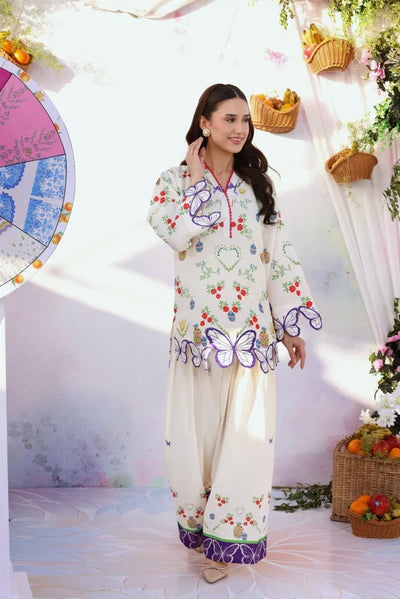 Ivory & Purple Butterfly Accent: Embroidered Lawn Suit | Ready To Wear