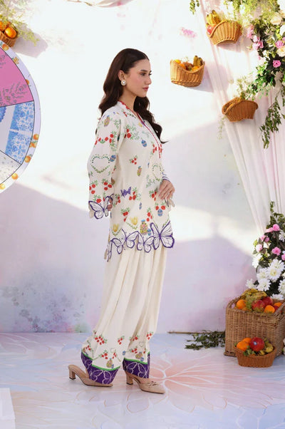 Ivory & Purple Butterfly Accent: Embroidered Lawn Suit | Ready To Wear
