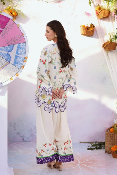 Ivory & Purple Butterfly Accent: Embroidered Lawn Suit | Ready To Wear