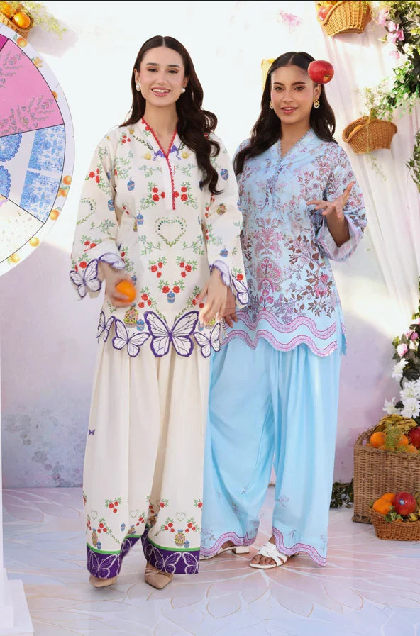 Ivory & Purple Butterfly Accent: Embroidered Lawn Suit | Ready To Wear