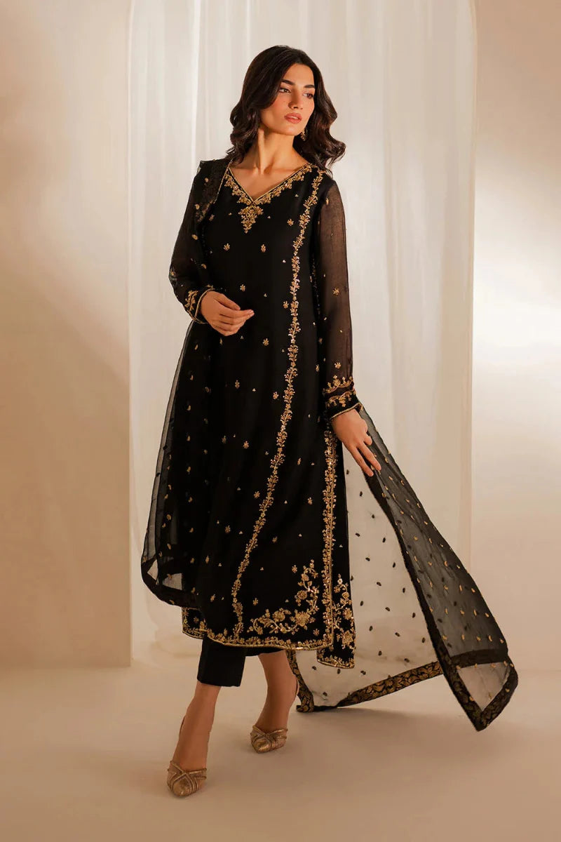 Black & Maroon: Embroidered Chiffon Suit With Malai Trouser | Ready To Wear