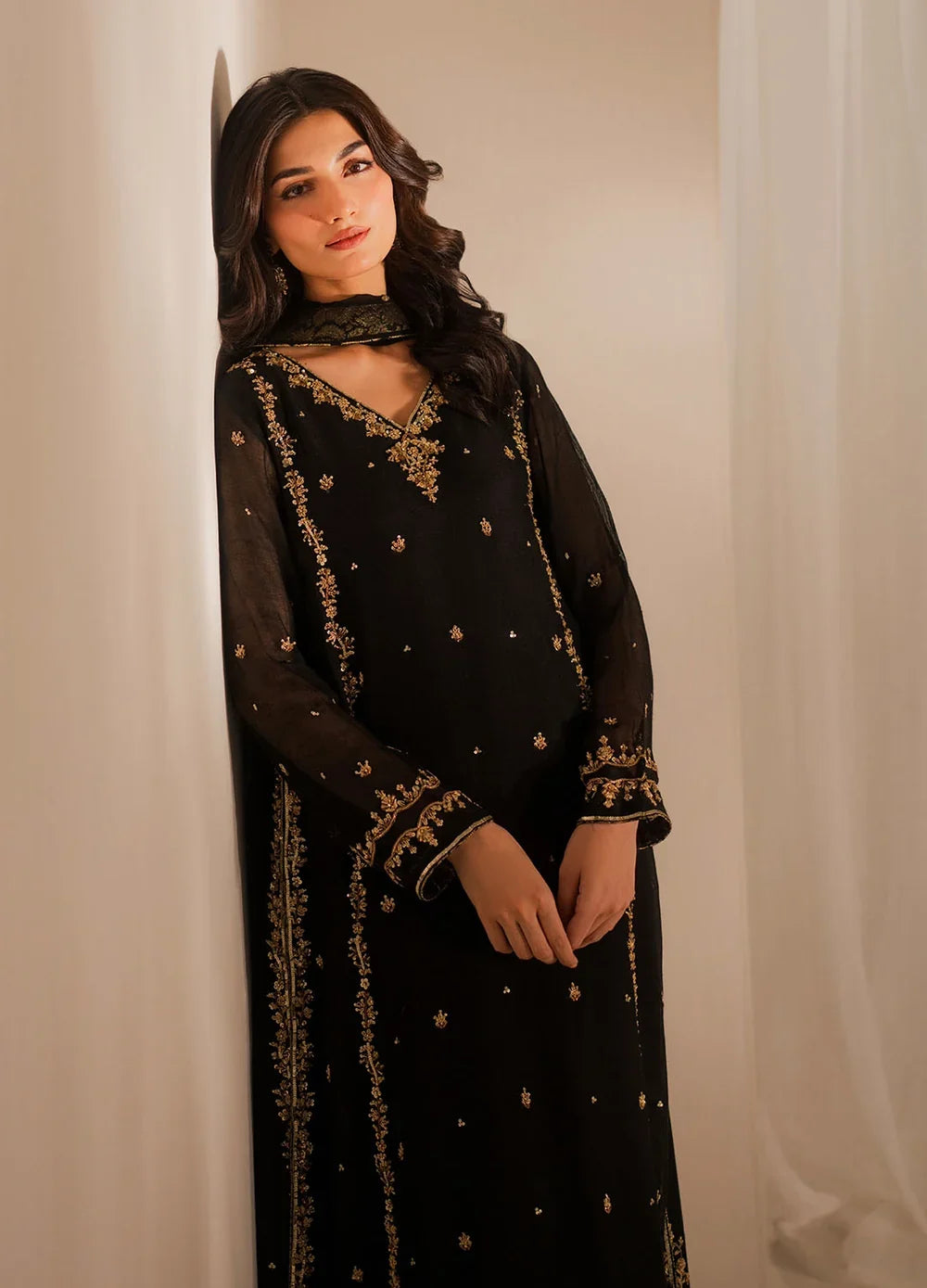 Black & Maroon: Embroidered Chiffon Suit With Malai Trouser | Ready To Wear