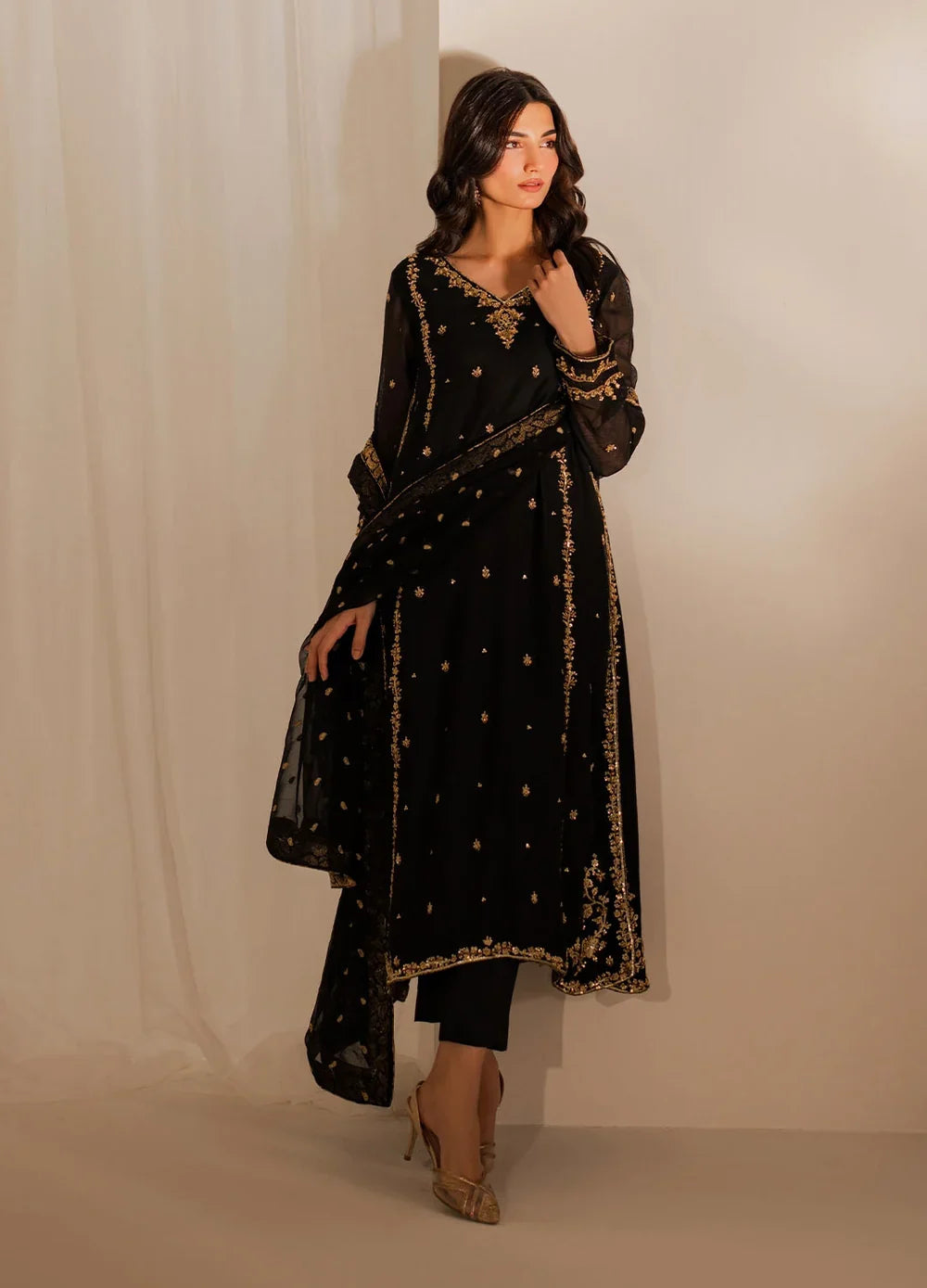 Black & Maroon: Embroidered Chiffon Suit With Malai Trouser | Ready To Wear