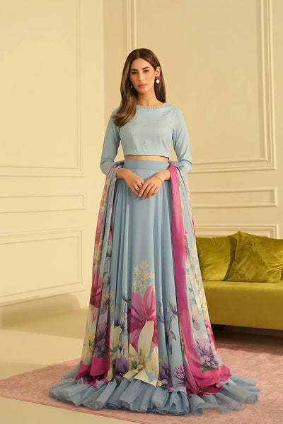 Sky Blue With Floral Printed Silk Crop Top & Skirt | Ready To Wear
