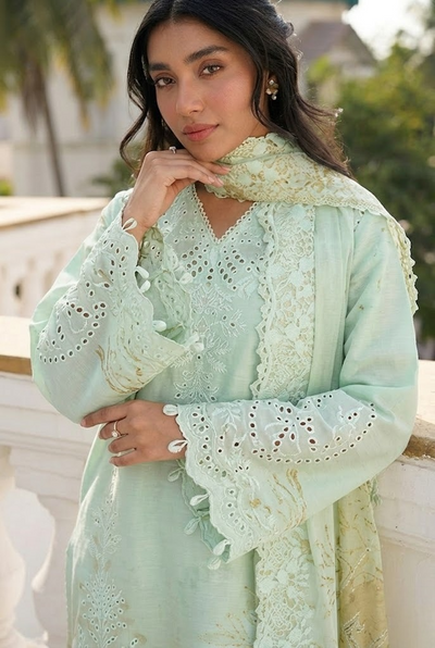 Mint Meadow: Printed Lawn Suit With Embroidery | Ready To Wear