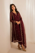 Black & Maroon: Embroidered Chiffon Suit With Malai Trouser | Ready To Wear