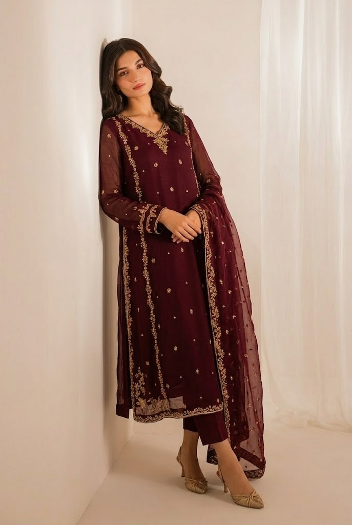 Black & Maroon: Embroidered Chiffon Suit With Malai Trouser | Ready To Wear
