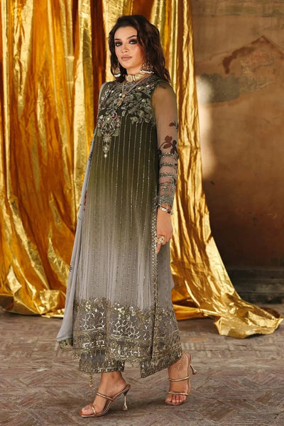 Olive & Silver Grey Tie-Dye: Embroidered Chiffon Suit | Ready To Wear