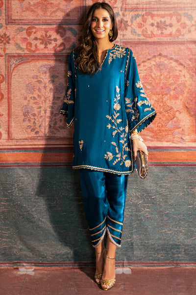 Asymmetric Zardozi Silk Set with Tulip Pants | Ready To Wear