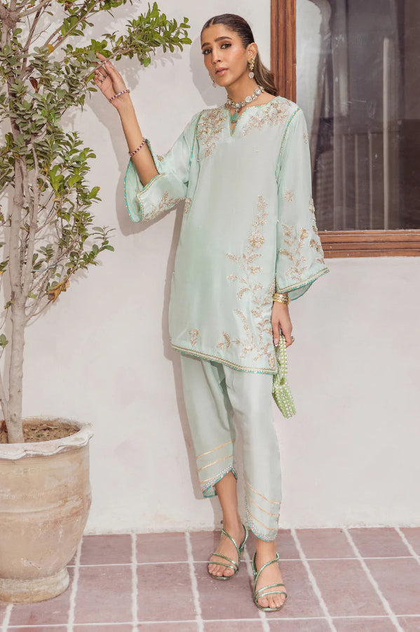 Asymmetric Zardozi Silk Set with Tulip Pants | Ready To Wear