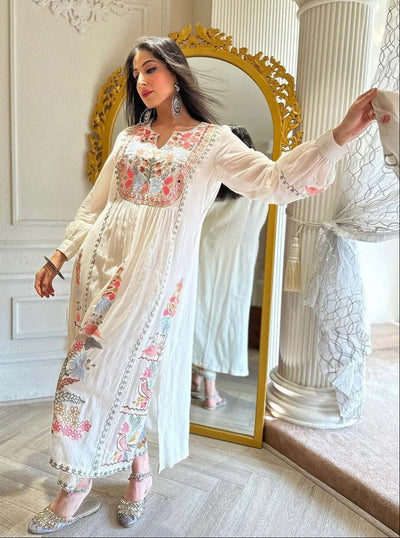 Indian Pakistani ready to wear embroidered white frock with floral design and flowy fit