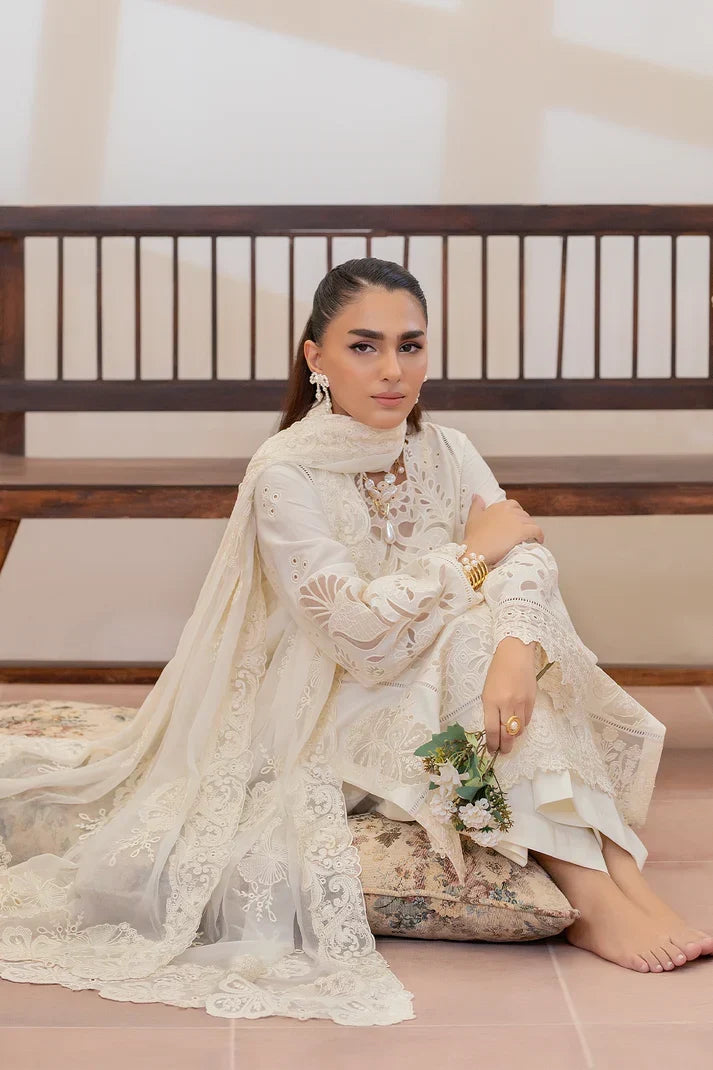 Ivory & Cream Shadow: Chikankari Lawn Cotton Suit With Chiffon Dupatta | Ready To Wear