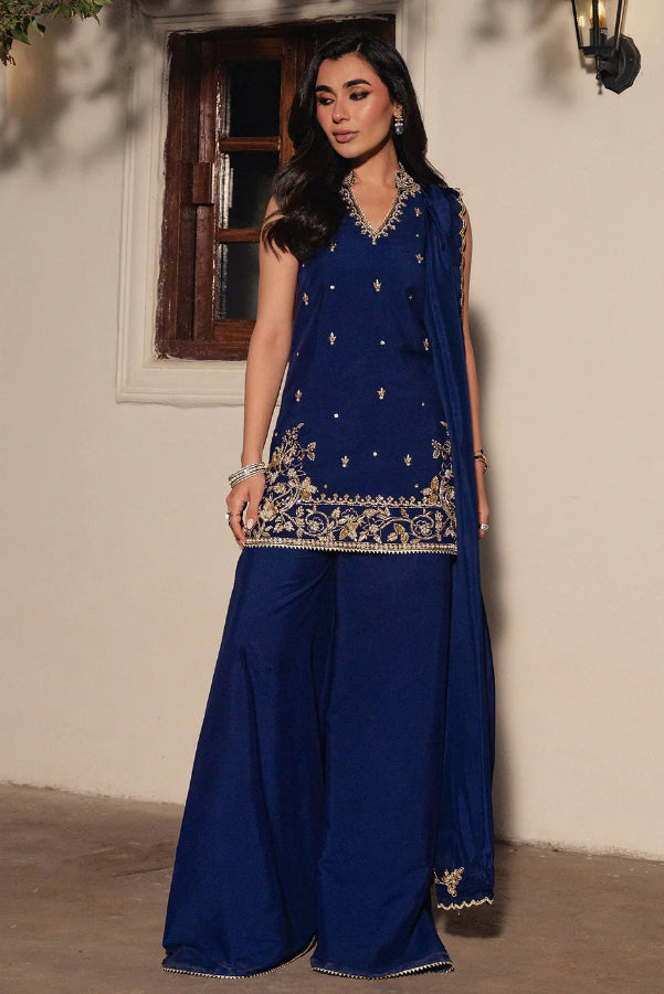 Deep Navy Blue: Silk Embroidered Short Shirt & Wide Palazzo | Ready To Wear