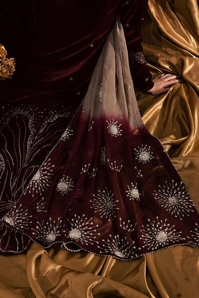 Wine Maroon & Champagne: Embroidered Velvet Suit | Ready To Wear