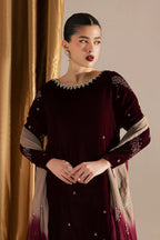 Wine Maroon & Champagne: Embroidered Velvet Suit | Ready To Wear