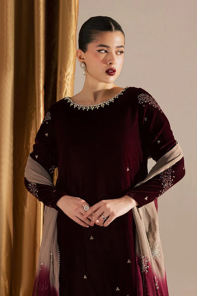 Wine Maroon & Champagne: Embroidered Velvet Suit | Ready To Wear