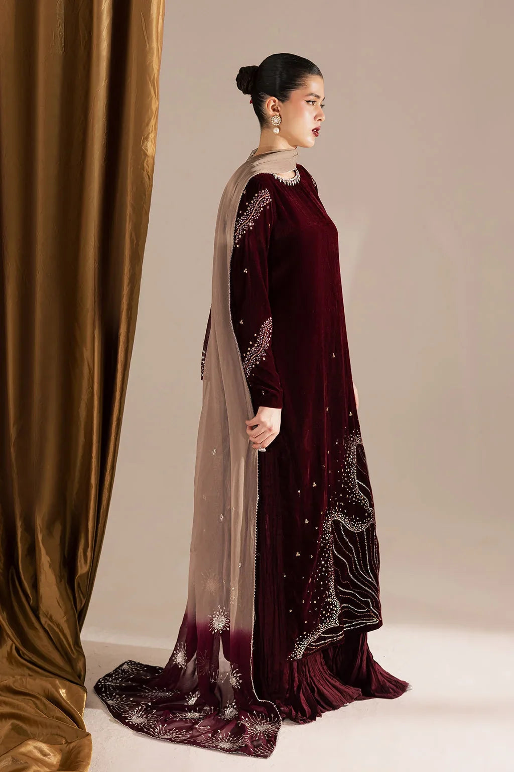 Wine Maroon & Champagne: Embroidered Velvet Suit | Ready To Wear