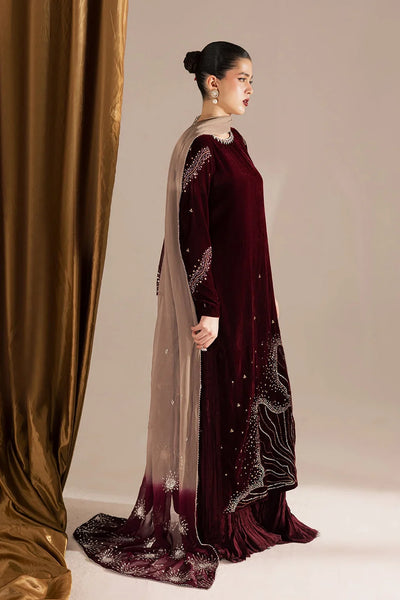 Wine Maroon & Champagne: Embroidered Velvet Suit | Ready To Wear