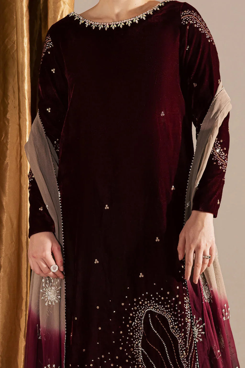 Wine Maroon & Champagne: Embroidered Velvet Suit | Ready To Wear