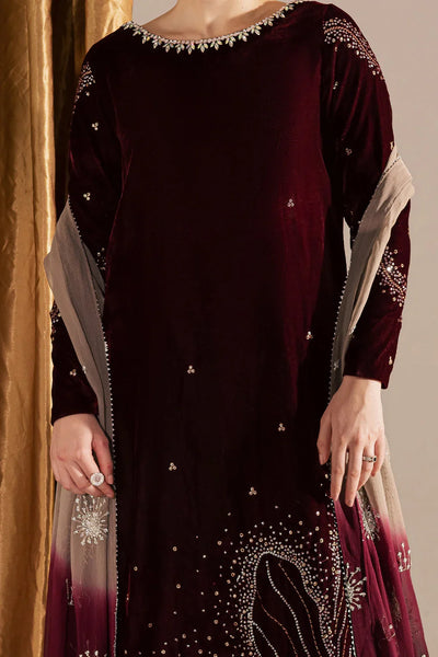 Wine Maroon & Champagne: Embroidered Velvet Suit | Ready To Wear